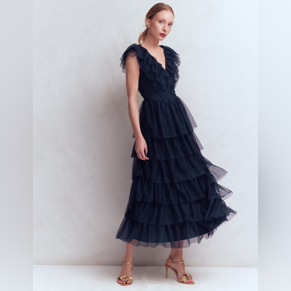 NWT Boden Ruffle Tulle Tiered Dress in Navy